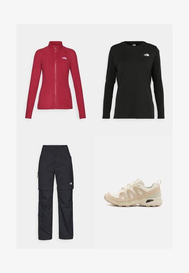 The North Face 100 GLACIER - Casaco polar - beetroot; T-shirt preto de mangas longas, feito de algodão, com decote redondo. Apresenta um pequeno logótipo branco na área esquerda do peito. Design simples e ajuste confortável.; Calças cargo pretas em nylon com fechos de correr removíveis, punhos ajustáveis, múltiplos bolsos e um logótipo na perna direita. Textura suave e leve.; Sapatilha atlética beige e creme com parte superior em malha texturizada, sobreposições de suporte e sola de borracha com um padrão de cravo para tração.