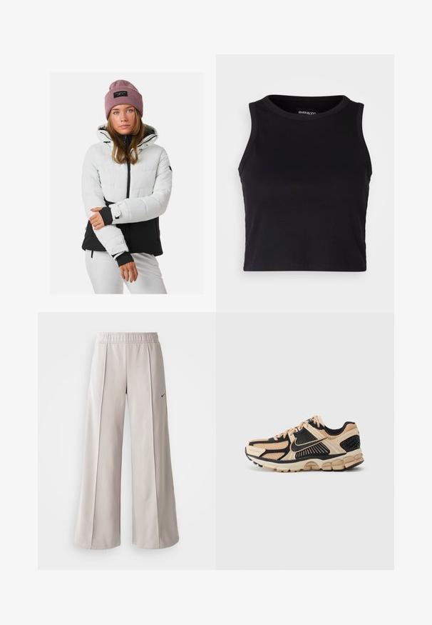 Giacca invernale imbottita di colore grigio chiaro e nero, con chiusura frontale con zip, cappuccio attaccato e polsini coordinati. Presenta una toppa con logo sul cappuccio.; Top corto a costine nero con scollatura rotonda e design senza maniche. Realizzato in tessuto morbido ed elastico, presenta bordi rifiniti con cura.; Pantaloni ampi grigio chiaro realizzati in tessuto liscio. Presentano una vita elastica e il logo Nike nero sul lato sinistro.; Sneakers Nike con una parte superiore in mesh beige e nera, suola in gomma e dettagli testurizzati. Intersuola imbottita per supporto e comfort.