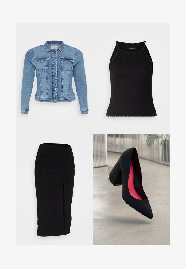 Denim jakna v svetlo modri barvi s prilegajočim se dizajnom, gumbnim zapiranjem, dvema žepoma na prsih in kontrastno šivanim robom.; Črn rebrast top brez rokavov z valovitimi čipkastimi robovi na dnu. Ima tanke naramnice in oprijet kroj. Narejen je iz raztegljivega materiala.; Črna, nabrana svinčnik krilo z detajlom v obliki traku in stranskim razporkom. Narejeno iz raztegljive tkanine, ki se ponaša z gladko teksturo in oblikovanjem, ki se prilega telesu.; Črne visoke petke z nazobčanim prstom, teksturirano površino in živahnimi rožnatimi notranjimi deli. Imajo robustno peto z srebrnim akcentom.
