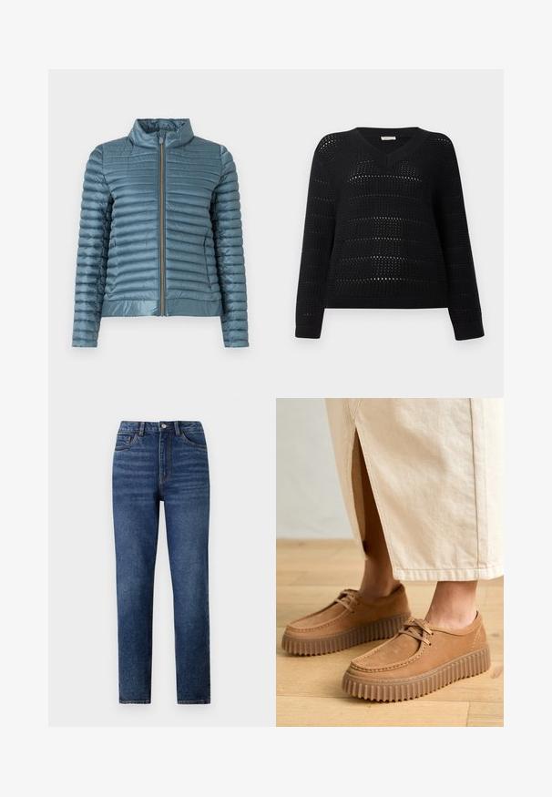 Lys blå polstret jakke med glidelås foran, står krage og horisontale quiltede seksjoner. Glatt tekstur og slim fit design.; TOM TAILOR DENIM V NECK - Strikkegenser - deep black; Høyt liv blå denim jeans med rett ben, med subtil slitasje, knappelukking med én knapp og fem-lomme-design.; Brune lærstøvler med en struktureret overflade, rund tå og tykke, rillet såler. Snørebånd og syninger fremhæver designet.