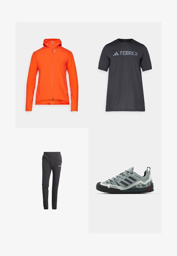 Narancssárga kültéri dzseki kapucnival, teljes hosszúságú cipzárral, hosszú ujjakkal és sima textúrával. Oldalzseb és állítható alj jellemzi.; Fekete, rövid ujjú póló, könnyű anyagból készült, világosszürke „TERREX” logóval a mellrészen és kerek nyakkivágással.; Fekete sportnadrág, könnyű anyagból, rugalmas derékkal, oldalsó zsebekkel, szűkülő lábakkal és logó részlettel.; Szürke mászócipők, érdes felsőrésszel, fekete gumi orral, három sötét csíkkal és egy kis piros akcentussal a talpon.