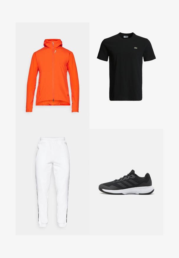 Oranje outdoorjack met een capuchon, volledige rits aan de voorkant, lange mouwen en een gladde textuur. Voorzien van een zijzak en een verstelbare zoom.; Zwart katoenen t-shirt met een ronde hals, korte mouwen en een klein groen krokodillenlogo op de linkerborst. Vloeiende textuur, casual ontwerp.; Witte sweatpants met elastische tailleband, voorzien van zwarte zijkanten en boorden. Gemaakt van zacht materiaal met een gladde textuur.; Zwarte sportieve schoen met een gestructureerde bovenkant, drie horizontale strepen en een witte zool met een gepatternde loopvlak. Lichtgewicht en gestroomlijnd ontwerp.