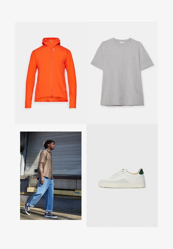 Oranssi ulkoilutakki, jossa on huppu, koko etuvetoketju, pitkät hihat ja sileä pinta. Omaavassa sivutaskun ja säädettävän helman.; Harmaa lyhythihainen T-paita, joka on valmistettu pehmeästä ja teksturoidusta kankaasta. Varustettu klassisella pyöreällä pääntiellä ja suoraselkäisellä helman kanssa, sopii rentoon pukeutumiseen.; Ruskea ruudullinen paita, vaaleansiniset löysät farkut ja mustat tennarit. Ominaisuuksiin kuuluu käännetyt hihansuut ja kontrastiväriset valkoiset yksityiskohdat kengissä.; Valkoiset tennarit, joissa on nahkaosia, pyöreä kärki, tasaiset nauhat ja kermaisa kumi-pohja. Takana vihreä brändäys.