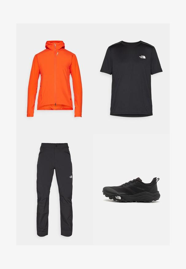 Narančasta vanjska jakna s kapuljačom, puni prednji zatvarač, dugi rukavi i glatka tekstura. Ima bočnu džepu i podesivu donji rub.; Crna majica kratkih rukava izrađena od lagane tkanine. Ima mali bijeli logo na lijevoj strani grudi i suptilne naglaske na ramenima.; Crne hlače za vanjsko nošenje s patentnim zatvaračem na prednjem džepu, sintetički materijal, sužavajuće nogavice i ojačane koljenice. Sadrži zatvaranje na gumb.; Crne trail trkačke cipele s teksturiranim gornjim dijelom, gumeni potplat i ojačana zaštita za prste. Imaju podstavljen ovratnik i trakicu za lakše obuvanje.