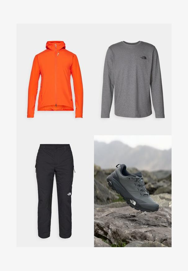 Giacca outdoor arancione con cappuccio, zip frontale completa, maniche lunghe e texture liscia. Presenta una tasca laterale e orlo regolabile.; The North Face M L/S SIMPLE DOME TEE - Maglietta a manica lunga - medium grey heather; The North Face WINTER EXPLORATION TAPERED CARGO - Pantaloni outdoor - black; Scarpa da trail running grigia con tomaia testurizzata, suola in gomma resistente e punta rinforzata. Presenta lacci e logo del marchio sul lato.