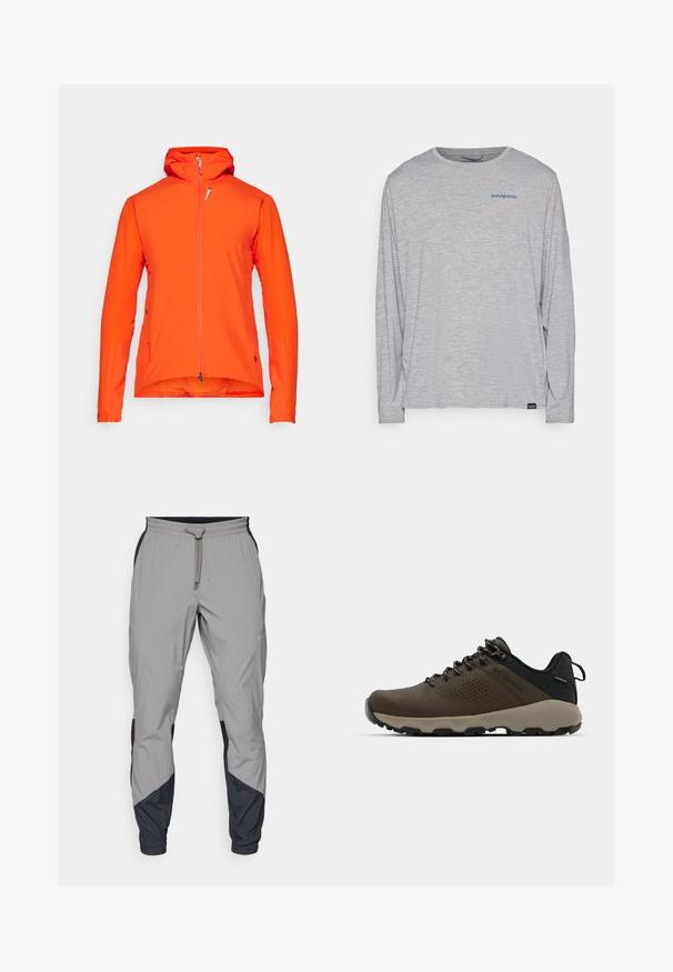 Orange outdoor jacket with a hood, full front zipper, long sleeves, and a smooth texture. Features a side pocket and adjustable hem.; Light gray long-sleeve t-shirt made of soft, textured fabric. Features a crew neck and a small blue Patagonia logo on the chest.; Lightweight, gray athletic pants with black accents. Elastic waistband, drawstring closure, tapered leg design, and side pockets.; Brown waterproof sneakers with a textured upper, perforated accents, black heel support, and a grey rubber sole. Laces are styled with metallic ends.