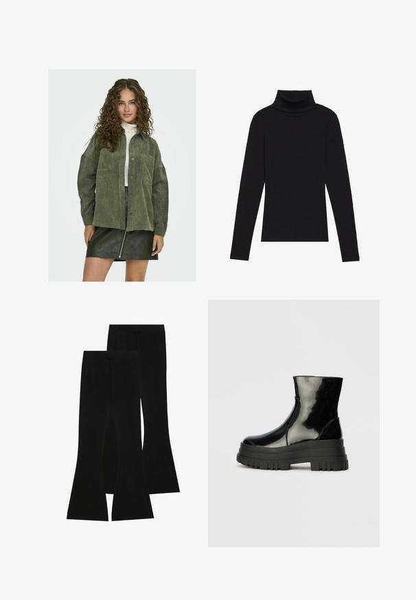 Chemise en velours côtelé verte à boutons, avec une coupe décontractée, dotée de deux poches avant et de manches longues, associée à une jupe mini en cuir noir.; Haut à manches longues noir à col roulé, fabriqué en tissu côtelé, présente un design ajusté avec un col haut et sans motifs ni accents.; Pantalons noirs évasés en tissu extensible, dotés d'une taille haute et d'une texture lisse, avec une coupe ajustée qui s'évasent à partir du genou.; Bottines noires brillantes avec semelle lugg épaisse et bout rond, vue de côté sur un fond gris clair uni.