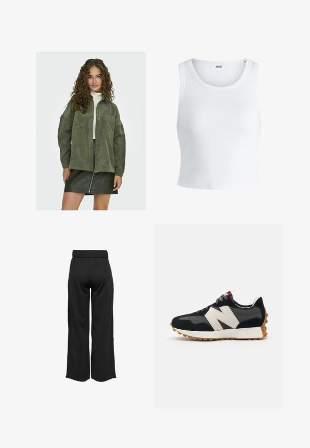 Grüne Cord-Denim-Button-Up-Bluse mit lockerer Passform, ausgestattet mit zwei Vordertaschen und langen Ärmeln, kombiniert mit einem schwarzen Leder-Minirock.; Weißes, geripptes Tanktop mit rundem Halsausschnitt, ärmellosem Design und kurzer Länge. Das Etikett trägt die Aufschrift "JJXX". Glatte Stoffstruktur.; Schwarze, weit geschnittene Hose mit elastischem Bund, aus glattem Stoff gefertigt. Hat ein cleanes Design ohne Taschen oder sichtbare Nähte.; Schwarze und graue Wildledersneaker mit einem großen cremefarbenen "N"-Logo, lila Schnürsenkeln und einer strukturierten Gummisohle.