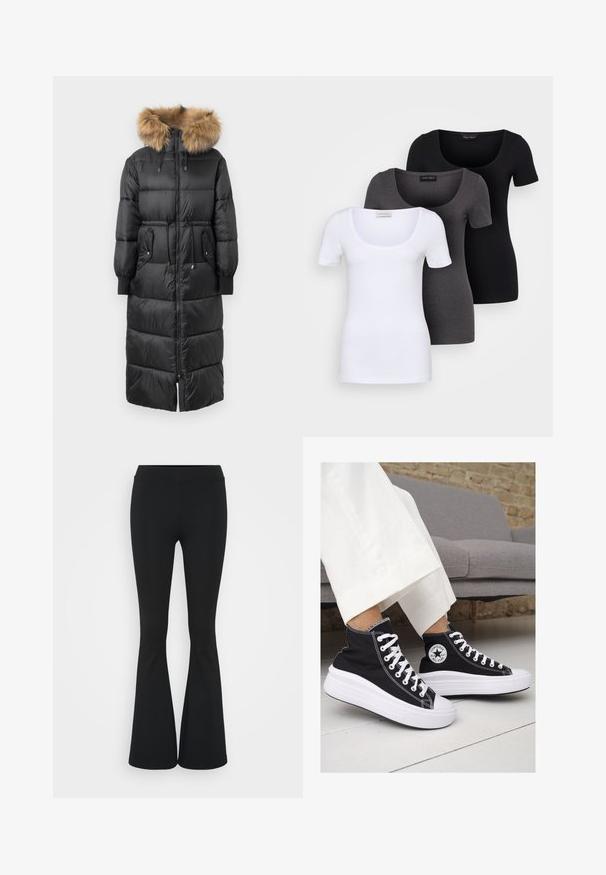 Schwarzer, langer Daunenmantel mit einer abnehmbaren, hellbraunen, pelzgefütterten Kapuze, elastischen Bündchen und durchgehendem Reißverschluss. Er verfügt über zwei seitliche Taschen und ein tailliertes Design.; Drei figurbetonte T-Shirts in Weiß, Grau und Schwarz. Jedes hat einen weiten Rundhalsausschnitt und kurze Ärmel. Hergestellt aus glattem, elastischem Stoff.; Schwarze, ausgestellte Hosen aus dehnbarem Material mit hohem Bund und glatter Textur. Die Hose weitet sich ab dem Knie.; Schwarze Canvas-Hochtop-Sneakers mit weißen Gummisohlen und Schnürsenkeln. Mit einem runden Logo an der Seite und kontrastierendem weißen Nähten.