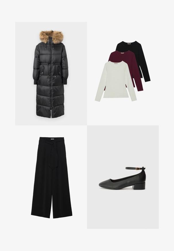 Zwarte lange pufferjas met een afneembare tan bontgevoerde capuchon, elastische manchetten en een ritssluiting aan de voorkant, met twee zijzakken en een getailleerd ontwerp.; Langsleeve t-shirts in het wit, bordeauxrood en zwart. Gemaakt van zachte stof met een ronde halslijn en een aansluitend ontwerp. Geschikt voor lagen.; Zwarte wijde broek van textuurstof, met een elastische tailleband en een afneembare sjaalstrik in de taille voor een verstelbare pasvorm.; Zwarte leren pump met een spitse neus en een lage blokhak. Beschikt over een enkelband met een goudkleurige gespsluiting. Gladde textuur.