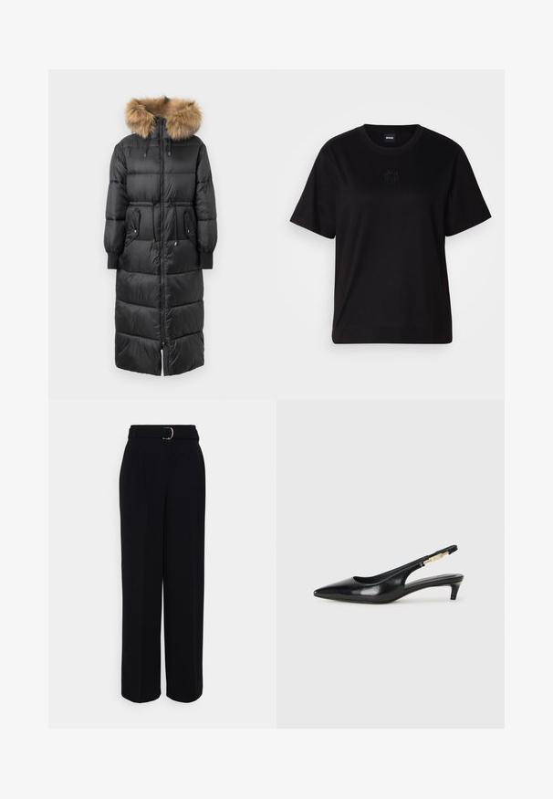 Čierny dlhý puffikový kabát s odnímateľnou kapucňou s hnedou kožušinou, elastickými manžetami a zipsom vpredu, s dvoma postrannými vreckami a strihom s naťahovaním v páse.; Čierne bavlnené tričko s okrúhlym výstrihom, krátkymi rukávmi a vyšívaným logom na hrudi. Jednoduchý, voľný strih bez vzorov.; Čierne upravené nohavice s širokým strihom, s opaskom so striebornou sponou, záhybmi a hladkou textúrou látky.; Čierne kožené slingback opätky s špicatou špičkou, s úzkym opätkom a zlatým detailom na nastaviteľnom remienku. Hladká textúra.
