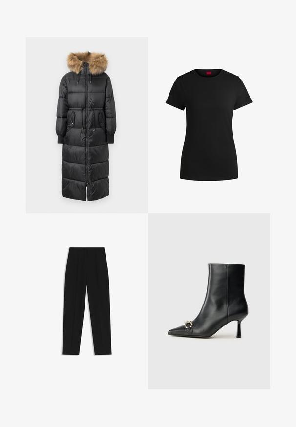 Black long puffer coat with a detachable tan fur-lined hood, elastic cuffs, and zippered front, featuring two side pockets and a cinched waist design.; Black cotton t-shirt with short rolled sleeves, a round neckline, and a red label. Smooth texture, fitted shape with minimal detailing.; Black trousers with a straight fit, featuring double pleats, a smooth texture, and a classic waistband design. No visible hardware or accents.; Black leather ankle boot with pointed toe, slim mid-height heel, and silver buckle detail on side against plain background.