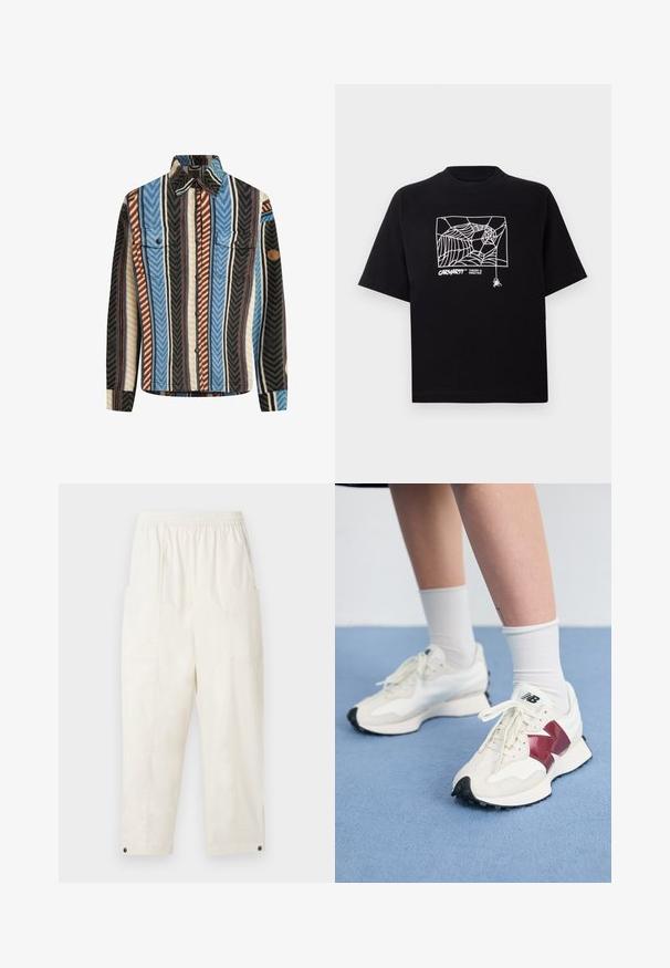 Minkštas flanelinis marškinis su vertikaliomis mėlynos, rudos ir juodos spalvų juostelėmis, dviem krūtinės kišenėmis ir sagčių priekiniu užsegimu.; Juodas medvilnės marškinėliai su trumpomis rankovėmis. Priekyje yra balta voratinklio grafika ir logotipas. Paprastas apvalus iškarpymas.; Grietos spalvos, laisvo kirpimo kelnės su elastinga juosmeniu, šoninėmis kišenėmis ir sagų akcentais ant apačios. Pagamintos iš lygaus audinio.; Balti sportbačiai su bordo akcentais, tekstūriniais paviršiais, plokščiomis juodomis pado dalimis ir šviesiomis raišteliais, dėvimi su baltais kulkšnų ponoškais.