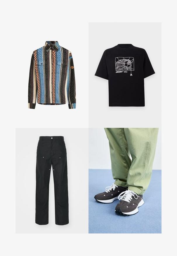 Karhupaita, jossa on tekstuuria ja pystysuoria raitoja sinisen, ruskean ja mustan sävyissä. Paidassa on kaksi rintataskua ja nappikiinnitys edessä.; Mustapaita, joka on valmistettu puuvillasta ja jossa on lyhyet hihat. Edessä on valkoinen hämähäkinseittigrafiikka ja logo. Yksinkertainen, pyöreä kaula-aukko.; Mustat housut suoralla lahjesuunnittelulla, valmistettu tekstuuritetusta kankaasta. Sisältää koristeellista hopeista metalliosaa ja ainutlaatuista sauman yksityiskohtaa.; Tummanharmaat lenkkarit, joissa on valkoiset nauhat ja kukkakoristeet, paksu valkoinen pohja ja teksturoitu materiaali. Yhdistetty vaaleanvihreisiin housuihin.