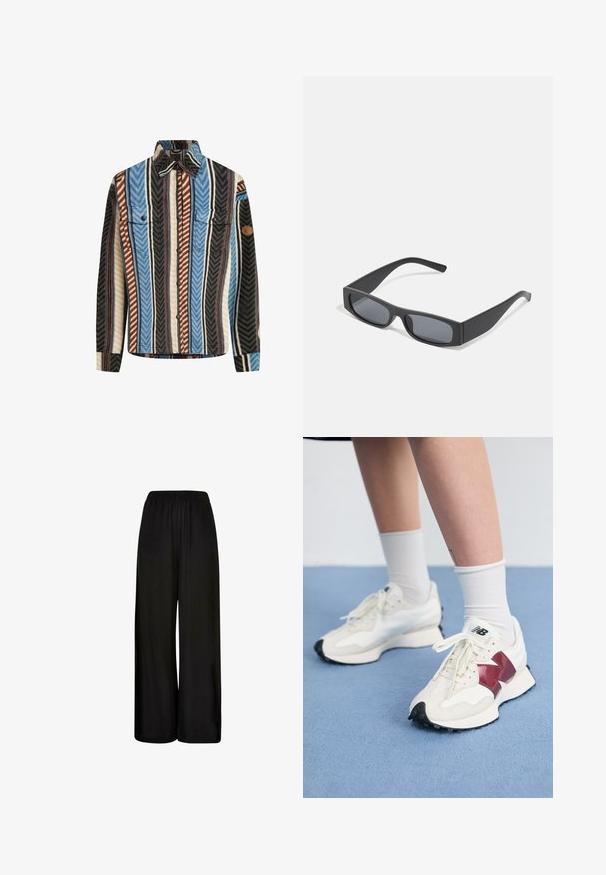Gestreepte flanellen shirt met verticale strepen in blauw, bruin en zwart, met twee borstzakken en een knoopsluiting aan de voorkant.; Zwarte katoenen t-shirt met korte mouwen, een ronde hals en een losse pasvorm. Gladde textuur zonder zichtbare patronen of versieringen.; Zwarte wijde broek van zachte stof, met een elastische tailleband en een gladde textuur. Geen zichtbare patronen of accenten.; Een paar witte sneakers met bordeauxrode accenten, getextureerde panelen, een platte zwarte buitenzool en lichte veters, gedragen met witte enkelsokken.; Zwarte rechthoekige zonnebril met donkere lenzen en dikke matte monturen. De zijstukken zijn licht taps toelopend met een gladde textuur.