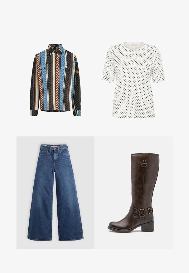 Textilná flanelová košeľa s vertikálnymi pruhmi v modrej, hnedej a čiernej farbe, s dvoma vreckami na hrudi a zapínaním na gombíky.; Biela tričká s krátkym rukávom a okrúhlym výstrihom, s motívom malých čiernych bodiek po celom povrchu. Mäkká tkanina s voľným strihom.; Dlhé modré džínsové nohavice s piatimi vreckami, zapínaním na gombík a kontrastným prešívaním, s jemným a textúrovaným povrchom.; Hnedé kožené čižmy po kolená s okrúhlou špicou, dekoračným opaskom, okrúhlou kovovou súčiastkou a nízkym blokovým podpätkom. Hladká textura po celom povrchu.