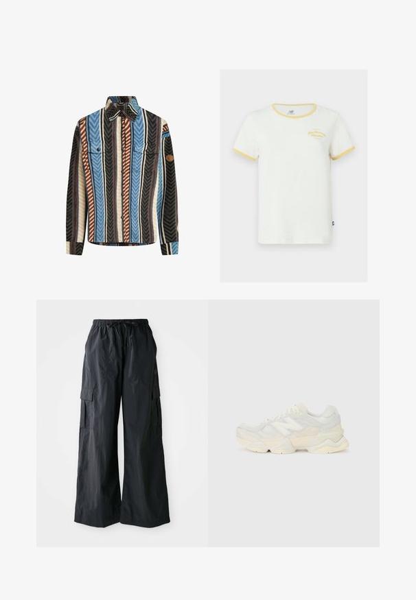 Textilná flanelová košeľa s vertikálnymi pruhmi v modrej, hnedej a čiernej farbe, s dvoma vreckami na hrudi a zapínaním na gombíky.; Biely bavlnený tričko s žltým rebrovaným golierom a manžetami na rukávoch. Obsahuje vyšívané logo v žltej farbe na prednej strane. Bežný strih.; Čierne cargo nohavice vyrobené z ľahkého materiálu, s širokým strihom, elastickým pásom a viacerými bočnými vreckami. Jednoduché a funkčné.; Ľahká teniska s vrchom z nylonovej sieťoviny a zamatovej kože v jemných krémových odtieňoch, so robustnou podrážkou a trojrozmernými akcentmi.