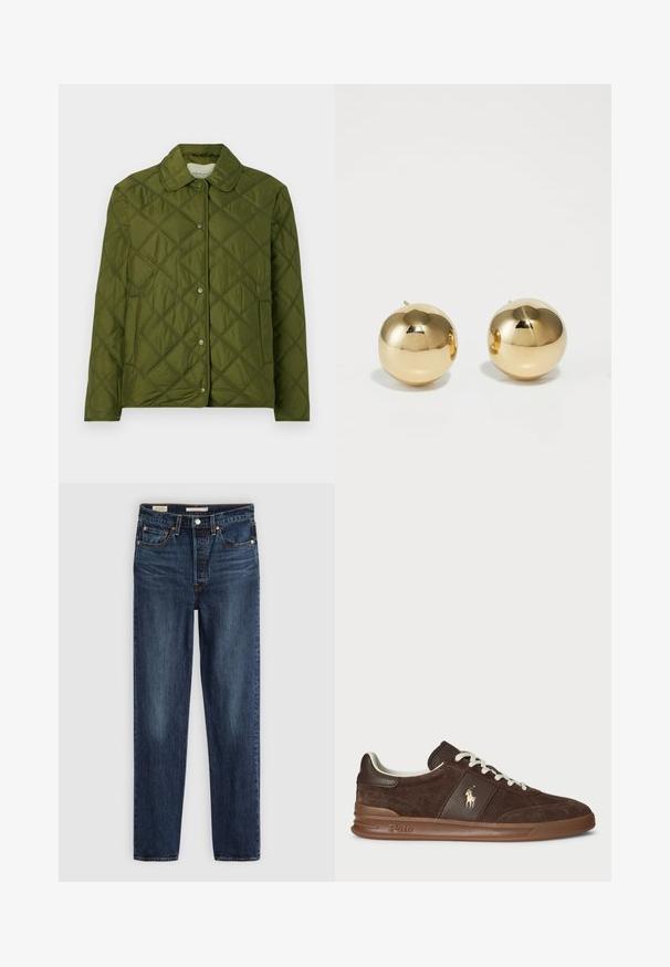Prošívaná olivově zelená bunda vyrobená z lehkého materiálu, s kulatým límcem a zapínáním na patentky, zdobená diamantovým vzorem.; Tmavě hnědé bavlněné tričko s kulatým výstřihem, krátkými rukávy a volným střihem. Jednoduchý design bez viditelných vzorů nebo akcentů.; Tmavě modré rovné džíny se pěti kapsami, zapínáním na knoflík a zip, a kontrastním šitím.; Hnědé semišové tenisky s texturovanými panely, bílými šňůrkami a zlatým logem. Mají gumovou podrážku a polstrovaný límec pro pohodlí.; Zlaté kulaté náušnice s hladkým povrchem a malým tácem. Mají jemnou texturu a odrazový povrch.