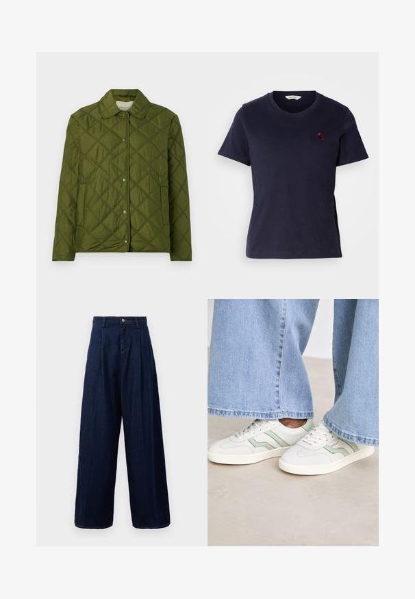 Kurtka pikowana w oliwkowym kolorze, wykonana z lekkiego materiału, z okrągłym kołnierzem i zapięciem na zatrzaski, z geometrycznym wzorem w diamenty.; Granatowa bawełniana koszulka z dekoltem w serek, krótkimi rękawami i małym, bordowym haftowanym logo na piersi. Miękka faktura.; Granatowe, dżinsowe spodnie o szerokich nogawkach z wysokim stanem, z plisowanym przodem i klasycznym zapięciem na guziki, z bocznymi kieszeniami i kontrastowym przeszyciem.; Białe sneakersy z jasnobiżowymi akcentami, teksturowana skórka i płaskie gumowe podeszwy. Połączone z szerokimi dżinsowymi spodniami.