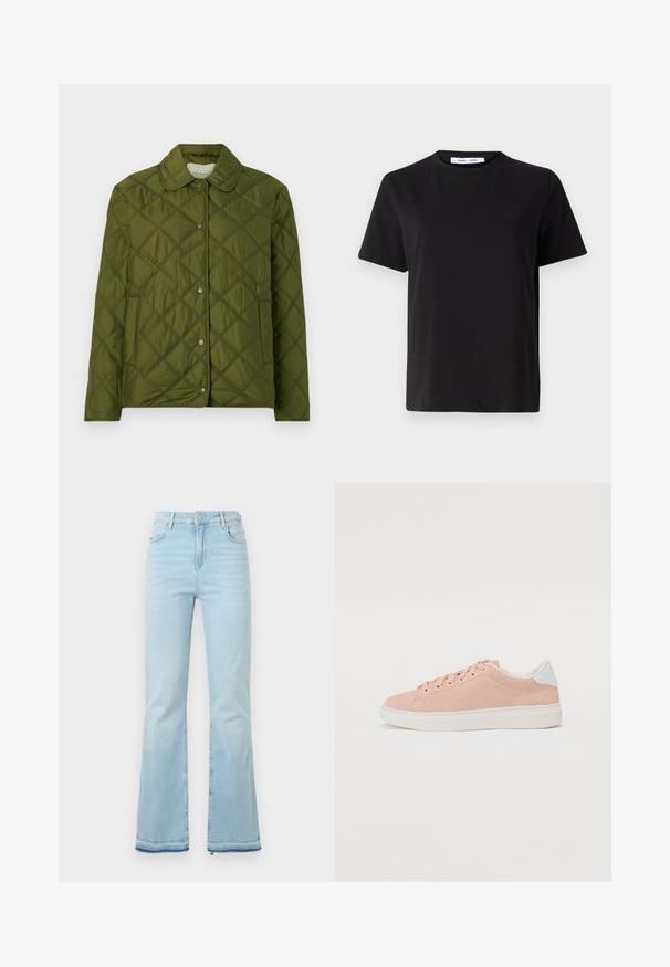 Vatteret olivengrøn jakke lavet af letvægtsstof, med en rund krave og trykknaplukning samt et diamantmønster design.; Sort t-shirt med korte ærmer fremstillet af blødt bomuld, med rund halsudskæring, afslappet pasform og en glat overflade. Ingen synlige mønstre eller grafik.; Lyseblå flagrende jeans lavet af denim, med høj talje, forlommer og rå kant ved sømmene for et afslappet look.; Lyse rosa ruskinds sneakers med hvid gummisål, rund tå og hvid hælakkent. Har flade snørebånd og minimal branding på siden.