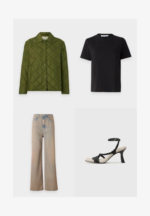 Kergest materjalist oliiviroheline tikitud jakk, millel on ümar krae ja nupuga kinnitamine, ning millel on teemantmustrit.; Must have lühikeste varrukatega t-särk, mis on valmistatud pehmest puuvillast, ümmarguse kaelusega, lõdva sobivusega ja sileda tekstuuriga. Ei ole nähtavaid mustreid ega graafikat.; Heled pesu laiad püksid kõrge taljega, valmistatud denimist. Omavad peent õmblust ja viit taskut ning neil on veidi kulunud tekstuur.; Mustad musta kontsaga sandaal, millel on punutud rihma disain, ruudukujuline varvas ja reguleeritav pahkluu rihm. Heleda beeži värvi jalapadi ja läikiv must konts.