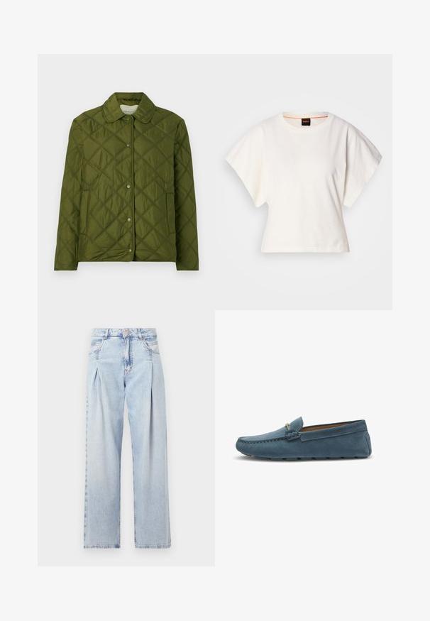 Giacca trapuntata verde oliva realizzata in tessuto leggero, con colletto rotondo e chiusura con bottoni a pressione, decorata con un motivo a diamante.; T-shirt bianca cropped, maniche corte e larghe, tessuto di cotone morbido, scollatura rotonda con bordino arancione sottile, design minimale, senza motivi o grafiche.; Jeans in denim azzurro chiaro con vita alta, taglio a gamba larga, due tasche laterali e design plissettato. Texture morbida con una finitura sbiadita.; Mocassini in suede blu con suola piatta, caratterizzati da un design cucito lungo i bordi e un accento metallico decorativo nella parte anteriore.