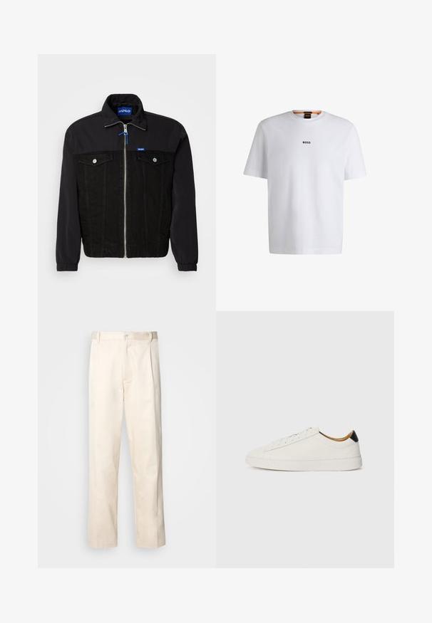 Svart jakke med denim nederdel og nylon overdel. Frontglidelås, to brystlommer og elastiske mansjetter. Logomerking på kragen.; Hvit bomulls T-skjorte med korte ermer, med en svart "BOSS" logo sentrert på brystet og rund halsdesign.; Beige bomullsbukser med rett benfatt, med knappelukking og folder foran for ekstra detaljer.; Hvit sneaker med et glatt skinnoverside, rund tå og flat såle. Svart detalj ved hælen, med ton-i-ton snøring og minimal merkevare.