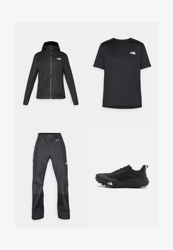 Veste noire imperméable avec capuche, fermeture éclair à l'avant, manches longues et logo sur le côté gauche de la poitrine. Fabriquée en tissu lisse et léger.; T-shirt noir à manches courtes en tissu léger. Présente un petit logo blanc sur la poitrine gauche et des accents subtils aux épaules.; Pantalons étanches noirs avec une texture lisse, arborant un logo GORE-TEX à l'avant et des jambes inférieures renforcées pour plus de durabilité.; Chaussure de trail running noire avec une tige texturée, semelle en caoutchouc et bout renforcé. Présente un col rembourré et une tirette pour un enfilage facile.