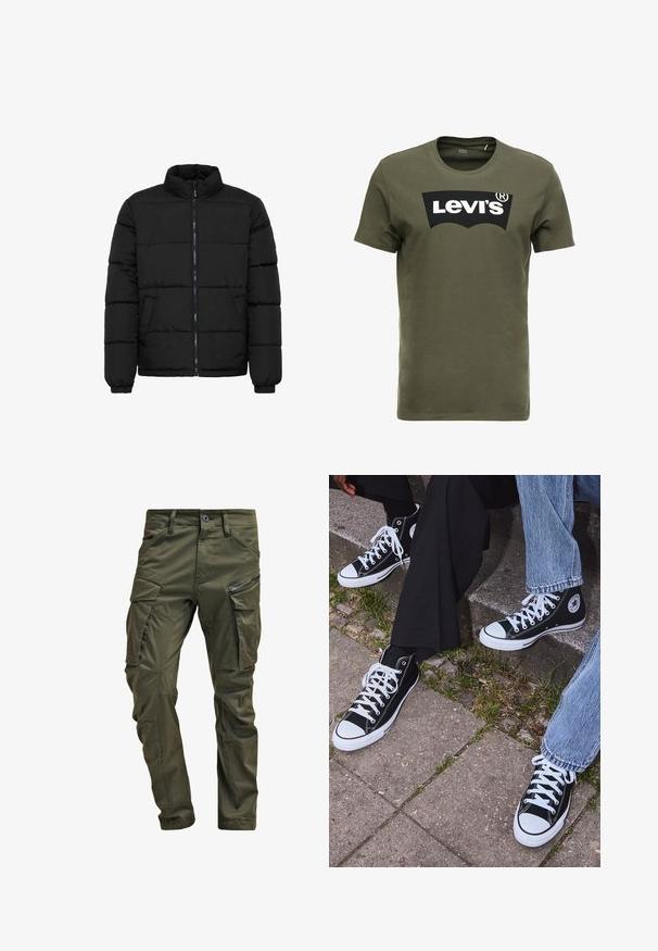 Black puffer jacket with a high collar, zip front closure, and elastic cuffs. Features horizontal quilted sections and two front pockets.; Olive green cotton t-shirt featuring a large black Levi's logo on the front. Classic crewneck and short sleeves, smooth texture.; Olive green cargo pants made from sturdy cotton. Features multiple pockets, a zippered side pocket, and tapered legs with a slightly textured finish.; Black high-top canvas sneakers with white rubber soles and laces, featuring a circular logo on the side and paired with denim and black pants.