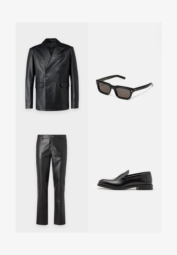 STUDIO ID ANTONIO - Odinis švarkas - black; Balta ilga rankovė termoaktyvi marškinė su ribota tekstūra, apvaliu iškirpimu ir juostelėmis aplink riešus. Švarus dizainas be raštų ar papildomų akcentų.; Juodos odinės kelnės, turinčios lygią tekstūrą, tiesių kojų kirpimą ir subtilią siuvimo liniją palei siūles. Savybėje yra mygtuko užtrauktukas juosmens srityje.; Juodos odinės loafers, turinčios lygų paviršių, apvalią noselę ir dekoratyvinę juostą per priekinę dalį. Žemas krentantis kulnas, minimalistinis dizainas.; Juodos stačiakampės akinių nuo saulės su tamsiais objektyvais, storu plastiko rėmu, auksinėmis detalėmis ant šventyklų ir prekės ženklo logotipu išgraviruotu ant šono.
