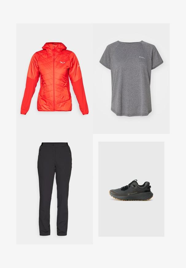 Giacca isolante rossa con cappuccio, caratterizzata da sezioni trapuntate, una cerniera frontale e polsini elasticizzati. Logo sulla spalla sinistra.; Maglietta grigia a maniche corte con un sottile motivo testurizzato, scollatura rotonda e logo Columbia sul petto. Tessuto morbido, vestibilità rilassata.; Pantaloni neri da esterno, realizzati in tessuto leggero, presentano un design a gamba dritta, tasche laterali con zip e un waistband regolabile.; Columbia TERRASTRIDE CRZ - Scarpa da hiking - shark/black