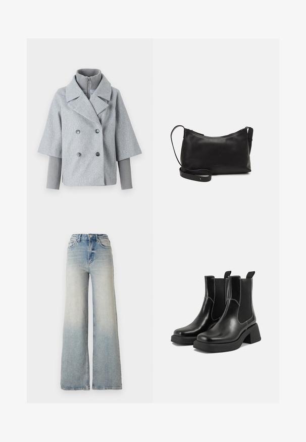 Hallikas topeltklappidega jope laiad kraed, lühikesed varrukad ja soonikkoes kõrge kaelus. Omab kahte tumedat nööpi ja tekstureeritud kangast.; Mustmustriibuline must pikavarsiline sobiv sviiter ümmarguse kaelusega, esitatud helehallil taustal.; Heledad sinine laia säärega teksapüksid, mis on valmistatud denimist, kõrge vöökoht, viis taskut ja nähtav õmblemine õmbluste ääres.; Must musta Chelsea saapad, millel on paks konts, elastsed külgpaneelid ja kontrastne valge õmblus. Tekstuuriga viimistlus.; Mustmust nahk õlakotil on sile tekstuur, kumer kuju, reguleeritav rihm ja lukuga sulgemine. Minimalistlik disain ilma kaunistusteta.