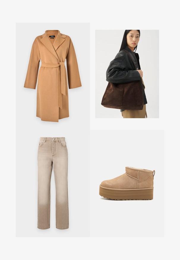 WEEKEND MaxMara CIVADA - Classic coat - camel; Light cream-colored sweater with long sleeves, round neckline, and ribbed hem. Made from a soft material, featuring a smooth texture.; Beige denim jeans with a slightly faded effect, straight leg design, five-pocket style, and a metal button closure at the waist.; Beige suede ankle boots with a plush interior, featuring a platform sole and a pull tab at the back for easy wear. Textured rubber outsole.; Brown suede tote bag with a wide shape and soft texture, featuring a single strap and minimal hardware against a neutral backdrop.