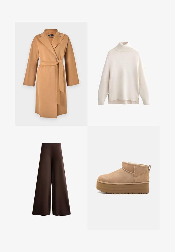 WEEKEND MaxMara CIVADA - Klasszikus kabát - camel; Tejás nyakú krémszínű pulóver, bordázott gallér és mandzsetták, puha kötött textúra, laza fazon, oldalsó hasítékok és enyhén hosszabb hátsó hem.; Barna, bőszárú nadrág, puha anyagból, magas derékkal, finom textúrával, folyékony sziluettel, látható zárak vagy díszítés nélkül.; Beige velúr boka csizmák puha belsővel, platform talppal és hátul elhelyezett húzófüllel az egyszerű felhúzás érdekében. Texturált gumitalp.
