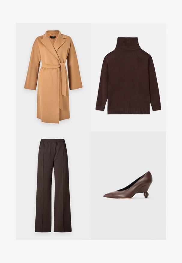 WEEKEND MaxMara CIVADA - Classic coat - camel; Brown knit turtleneck sweater featuring a high ribbed collar, dropped shoulders, and ribbed cuffs and hem. Smooth texture with a relaxed fit.; Wide-leg trousers in dark brown fabric with an elastic waistband, featuring a smooth texture and clean lines for a tailored look.; Brown leather wedge pump with a pointed toe and a rounded, ball-shaped heel. Smooth texture with a simple design and minimal accents.