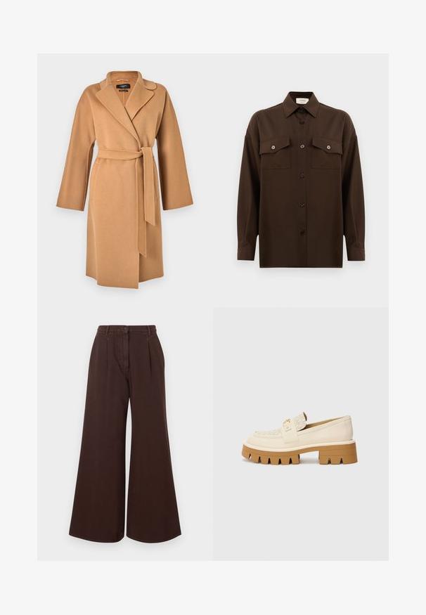 WEEKEND MaxMara CIVADA - Classic coat - camel; Dark brown long-sleeve button-up shirt with two flap chest pockets and a classic collar, displayed against a plain white background.; High-waist wide-leg brown pants with button and zipper closure, belt loops, and front pleats.; Beige loafers with a textured cream strap, featuring a chunky brown sole with teeth-like patterns. Gold accent on the buckle detail.