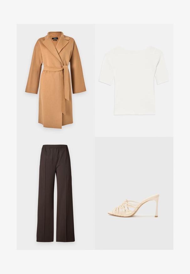 WEEKEND MaxMara CIVADA - Klasisks mētelis - camel; Balts ribots īsām piedurknēm tops ar plašu dekoltē. Raksts ietver vertikālas līnijas, uzsverot ciešu piegulšanu un vienkāršu dizainu.; Gari pamatkrāsas tumši brūnas bikses ar elastīgu jostasvietu, kas izceļas ar gludu tekstūru un vienkāršām līnijām, nodrošinot elegantu izskatu.; Kreklu augstpapēžu mūles ar siksniņu dizainu. Iezīmē kvadrātveida purngalu, gludu tekstūru un slaidu papēdi ar zelta akcentu pamata daļā.