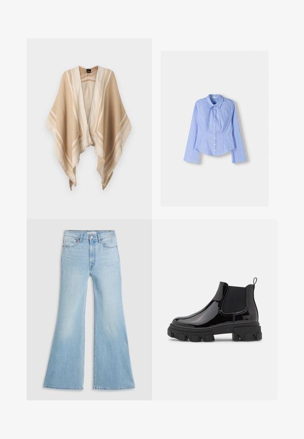 Beige huivi V-pääntiöllä, jossa on kermaisia raitoja ja hapsureunat. Valmistettu pehmeästä materiaalista, laskeutuu elegantisti.; Siniraitaiset sinivalkoiset pitkähihaiset nappipaidat, joissa on levitetty kaulus, istuva mitoitus ja kaareva helma. Kankainen puuvillamateriaali.; Vaaleansiniset levenevät farkut, joissa on korkea vyötärö, valmistettu denimmateriaalista. Niissä on klassinen viiden taskun malli ja raaka helma lahkeissa.; Musta lakattu nahka Chelsea saappaat, joissa on elastiset sivupaneelit, massiivinen teksturoitu pohja ja takana vetoketju helppoa pukemista varten.