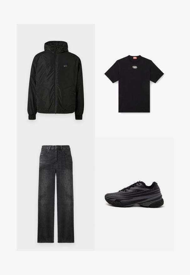 Črna jopica z zadrgo in kapuco, z elastičnimi manšetami, dvema sprednjima žepoma na gumb in majhnim pravokotnim logotipom na levem prsnem delu.; Črna bombažna majica s krožnim izrezom in kratkimi rokavi. Ima majhen srebrni logotip vezen na sredini spredaj.; Črne ravne kavbojke iz denima, ki imajo pet žepov, pasne zanke in subtilno zbledelost na tkanini za teksturo.; Črne tekaške copate z teksturiranim zgornjim delom, ki ima sive črte. Debel podplat za blaženje udarcev, okrogla konica in ravne vezalke za varen oprijem.