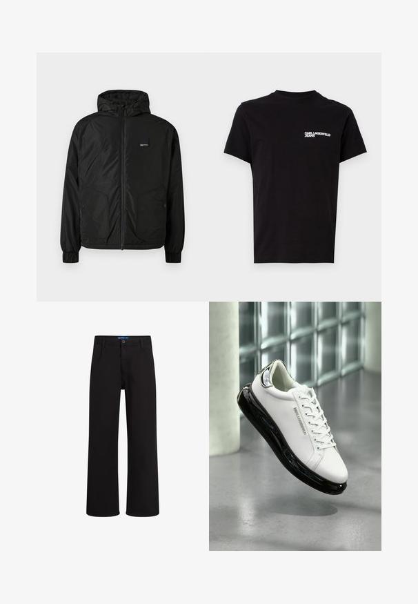 Svart zip-up hettejakke med elastiske mansjetter, to frontlommer med knapp og en liten rektangulær logo-patch på venstre bryst.; Svart t-skjorte laget av bomull, med rund hals og korte ermer. Fremtredende hvit logotekst på venstre brystområde. Enkel design.; Sorte rettbente bukser med knapp- og glidelås lukking, beltehemper og sidelommer, vist mot hvit bakgrunn.; Hvite lær sneakers med svart gummisåle og gjennomsiktige detaljer. Har snøring og preget logo, plassert mot en grå gulv.
