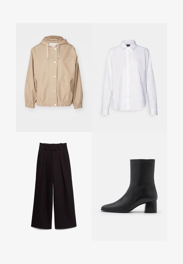 GANT LIGHT JACKET - Summer jacket - dark khaki; White long-sleeve button-up shirt made of cotton. Features a classic collar and subtle branded embroidery on the chest. Smooth texture.; Black wide-leg trousers made of smooth fabric, featuring a high waist, belt loops, and two front pockets. Pleated design adds texture.; Black leather ankle boot with a pointed toe and a chunky square heel. Smooth texture with a seamless design and minimalistic stitching.