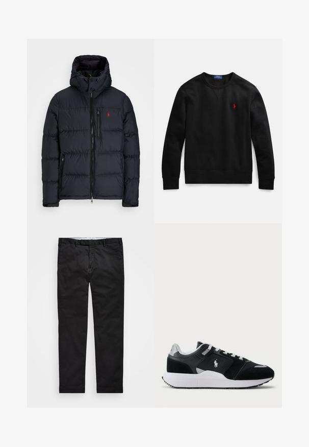 Polo Ralph Lauren THE GORHAM DOWN JACKET - Dūnu jaka - black; Melnā kokvilnas džemperis ar apaļu izgriezumu, uz kreisās krūtīs neliels sarkans logotips, un ar ribotām aprocēm un apakšmalu.; Melnas chinos bikses ar taisnu kāju piegriezumu, izgatavotas no kokvilnas maisījuma auduma, piedāvā rāvējslēdzēja aizdari, jostas cilpas un sānu kabatas. Gluda tekstūra.; Melnas un baltas zemas tenisa kurpes ar acs un zamšādas augšdaļu, baltām auklām, baltu zoli un polo spēlētāja logo sānos.