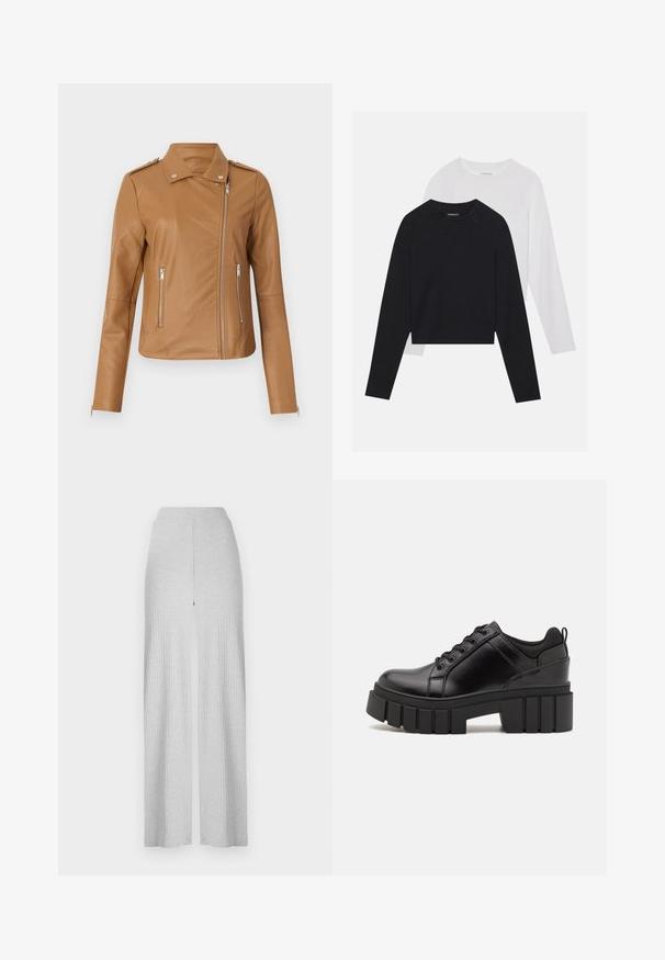 Smėlinis dirbtinės odos motociklininkų švarkas su prigludusiu dizainu, užtrauktuku priekyje, dviem šoninėmis užtrauktukais ir pečių epauletėmis. Lygus paviršius ir minimalus siuvinėjimas.; Du dušo ilgomis rankovėmis marškiniai: vieni juodi, kiti balti. Abu marškiniai turi apvalų iškirpimą, raglan tipo rankoves ir minkštą medvilnės mišinio audinį.; Šviesiai pilkos suknelės plačiakojės kelnės su aukšta juosmens juosta ir priekinę plyšį. Pagamintos iš švelnios medžiagos su lygiu tekstūru.; Juodi odiniai platformos batai su masyviu blokuota kulniuku, apvalia nosimi ir tradiciniu šnypštimo dizainu. Turintys glotnų paviršių ir minimalų dekoravimą.