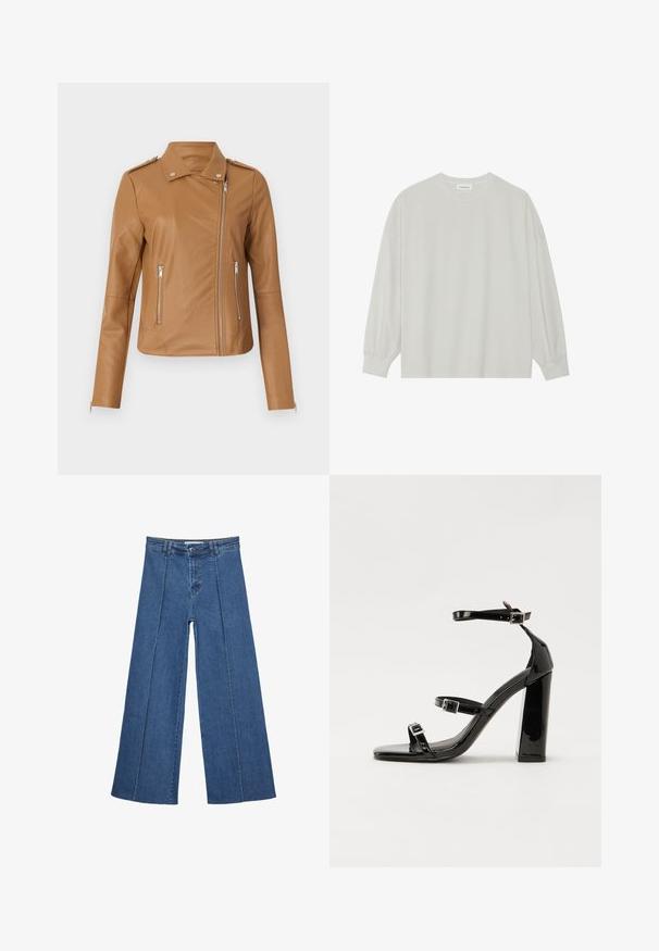 Bež umetna kožna moto jakna s prilagođenim dizajnom, zatvaranjem na patentni zatvarač, s dva bočna patentna zatvarača i epauletama na ramenima. Glatka tekstura i minimalno šivanje.; Svijetlosivi majica s dugim rukavima od mekane pamučne tkanine. Ima slobodan kroj, okrugli izrez i blago nabrane manžete. Bez uzoraka ili grafika.; Široke traperice u srednje plavoj boji, s visokim strukom, zatvaranjem na dugme i kontrastnim vertikalnim šavovima duž prednje strane.; Crne lakirane sandale na pete sa kvadratnim nosom, trakama oko gležnja i srebrnim kopčama. Imaju čvrst blok petu za stabilnost.