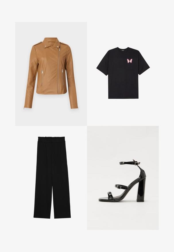 Smėlinis dirbtinės odos motociklininkų švarkas su prigludusiu dizainu, užtrauktuku priekyje, dviem šoninėmis užtrauktukais ir pečių epauletėmis. Lygus paviršius ir minimalus siuvinėjimas.; Juodas medvilnės marškinėliai trumpomis rankovėmis, su maža rožine drugelio grafika kairėje krūtinės pusėje. Apvalus kaklo iškirpimas, laisvas kirpimas.; Juodi platūs kelnes su volaniniu juosmeniu, turinčiu dvi šonines kišenes ir glotnią, lengvą medžiagą. Nėra matomų raštų ar detalių.; Juoda blizgi lakuota basutė su kvadratiniu pirštu, kulkšnies dirželiais ir sidabro sagtimis. Yra tvirta blokinė kulno konstrukcija, užtikrinanti stabilumą.