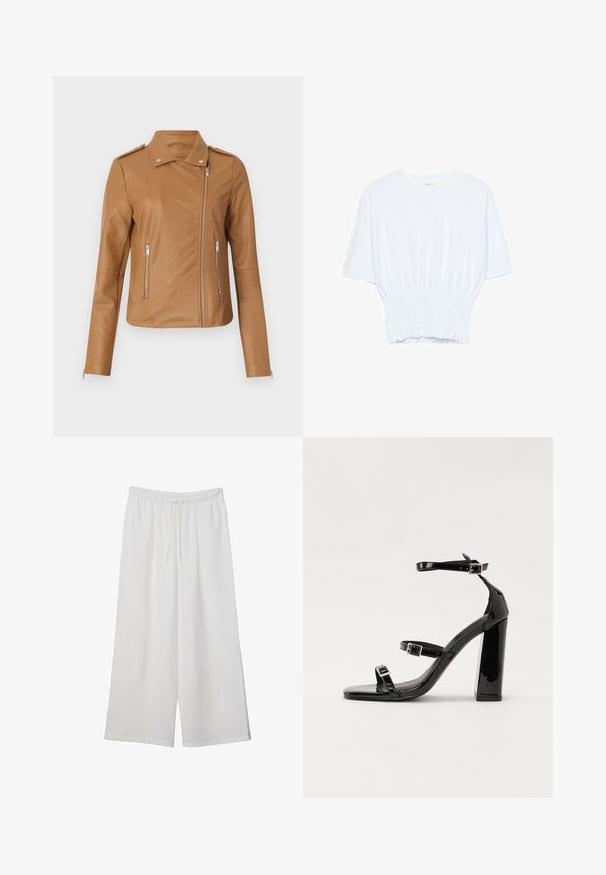 Giacca biker in ecopelle color sabbia con design aderente, chiusura con zip frontale, due zip laterali e spalline. Texture liscia e cuciture minime.; T-shirt bianco a maniche corte con una vestibilità rilassata e una texture smock in vita. Realizzato in tessuto morbido e leggero.; Pantaloni bianchi a gamba larga realizzati in tessuto leggero, dotati di una vita elastica e di un cordino per una vestibilità regolabile. Texture liscia.; Sandali con tacco in vernice nera, con punta squadrata, cinturini alla caviglia e fibbie in argento. Presentano un tacco a blocco spesso per maggiore stabilità.