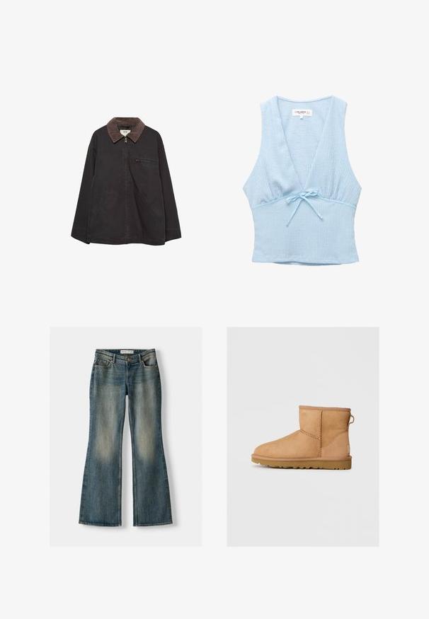 Tamna, mekana jakna s drvenim ovratnikom, sa zatvaračem, dva prednja džepa i džepom na prsima sa zatvaračem. Ima opušteni kroj.; Svijetloplava kratka majica od teksturiranog materijala, dubokog V-izreza, s malim mašnom na struku. Bez rukava, prilagođenog kroja.; Plave trapezaste traperice s izblijedjelim pranjem, pet džepova i zatvaranjem na gumb. Materijal prikazuje traper teksturu s suptilnim detaljima šivanja.; Anđeoske čizme od brušene kože u bež boji sa okruglim prstom, šivenim detaljima, petnim trakama i teksturiranim gumenim đonom. Dizajnirane za udobnost i toplinu.