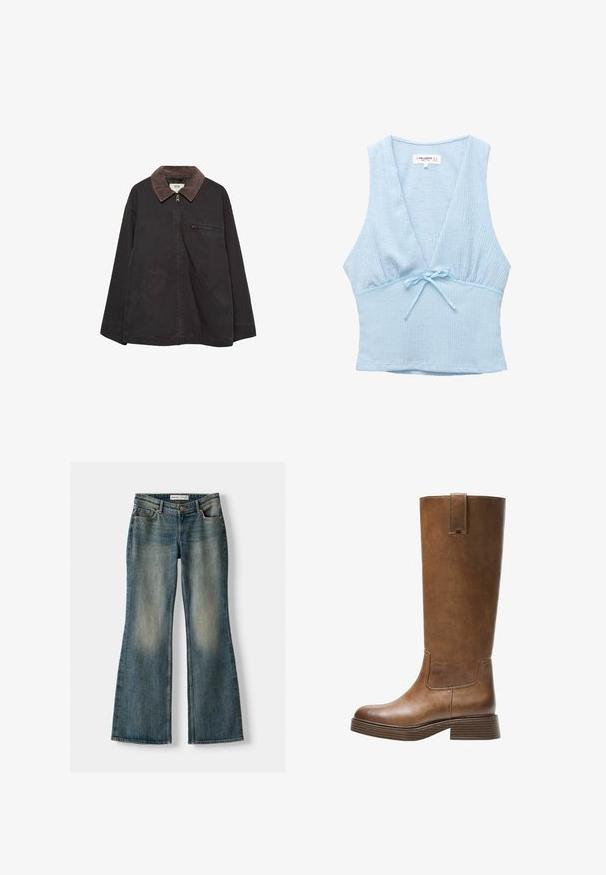 Dunkle, weiche Jacke mit einem Cordkragen, Reißverschluss, zwei Fronttaschen und einer Reißverschlusstasche auf der Brust. Hat ein entspanntes Schnittdesign.; Helles blaues Crop-Top aus strukturiertem Stoff, mit tiefem V-Ausschnitt und kleinen Schleifendetaillierungen an der Taille. Ärmelloses Design mit figurbetonter Passform.; Blaue Schlagjeans mit einem ausgewaschenen Look, fünf Taschen und einem Knopfverschluss. Das Material zeigt eine Denim-Textur mit dezenten Stickdetails.; Braunes Leder-Knöchelhochstiefel mit abgerundetem Zeh, strukturiertem Obermaterial und niedrigem, gestapeltem Absatz. Verfügt über ein seitliches Einsätzen und eine Ziehschlaufe an der Oberseite.