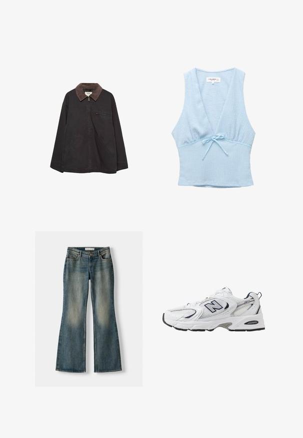 Tamna, mekana jakna s drvenim ovratnikom, sa zatvaračem, dva prednja džepa i džepom na prsima sa zatvaračem. Ima opušteni kroj.; Svijetloplava kratka majica od teksturiranog materijala, dubokog V-izreza, s malim mašnom na struku. Bez rukava, prilagođenog kroja.; Plave trapezaste traperice s izblijedjelim pranjem, pet džepova i zatvaranjem na gumb. Materijal prikazuje traper teksturu s suptilnim detaljima šivanja.; Bijela atletska cipela s mrežastim gornjim dijelom, mornarskim akcentima i podstavljenim potplatom. Sadrži "N" logo, vezice i teksturirani detalj sa strane.