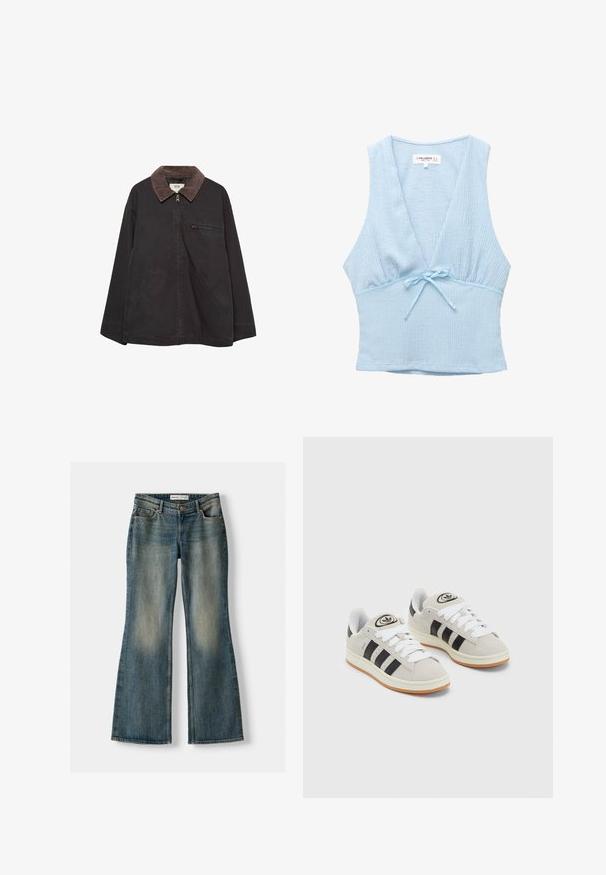 Mørk, blød jakke med et kordfløjlskrag, lynlåslukning, to forlommer og en lynlås brystlomme. Har et afslappet fit design.; Lyseblå crop top i struktureret stof, dyb V-hals og lille sløjfe detalje i taljen. Ærmeløst design med en tætsiddende pasform.; Blå flared jeans med en falmet vask, fem lommer og knaplukning. Materialet viser en denimtekstur med subtile syninger.; Grå ruskinds sneakers med hvide snørebånd, sorte striber og en hvid gummisål. Har et rundt logo på tungen og en gummisål.